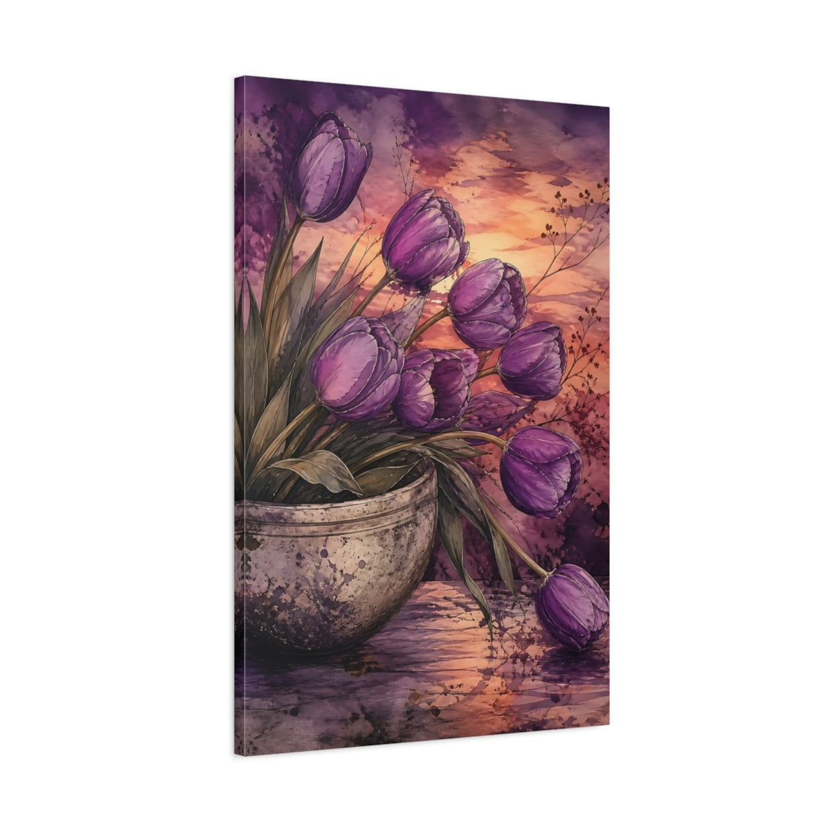 Main Mockup. Floral Tulips Purple Tulips shown as stretched canvas wall art