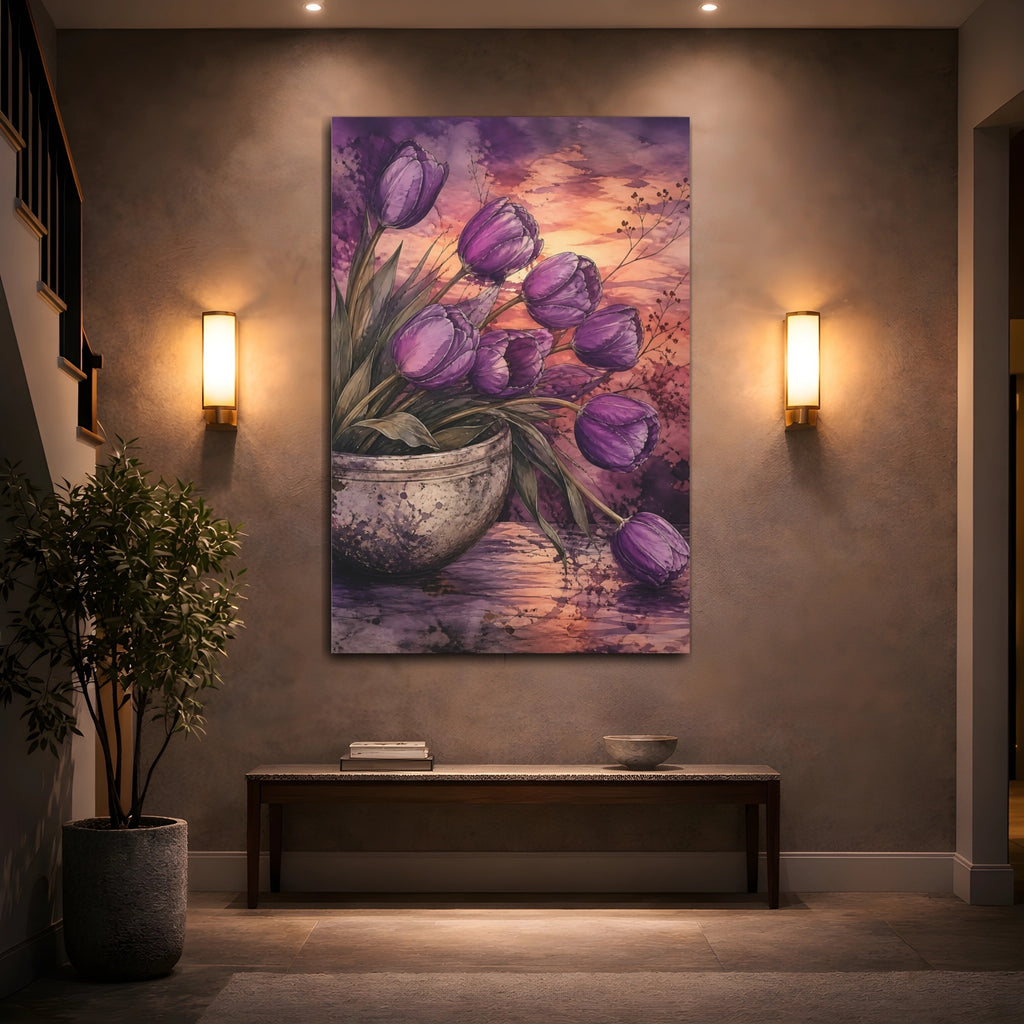 Mockup 2. Floral Tulips Purple Tulips shown as stretched canvas wall art
