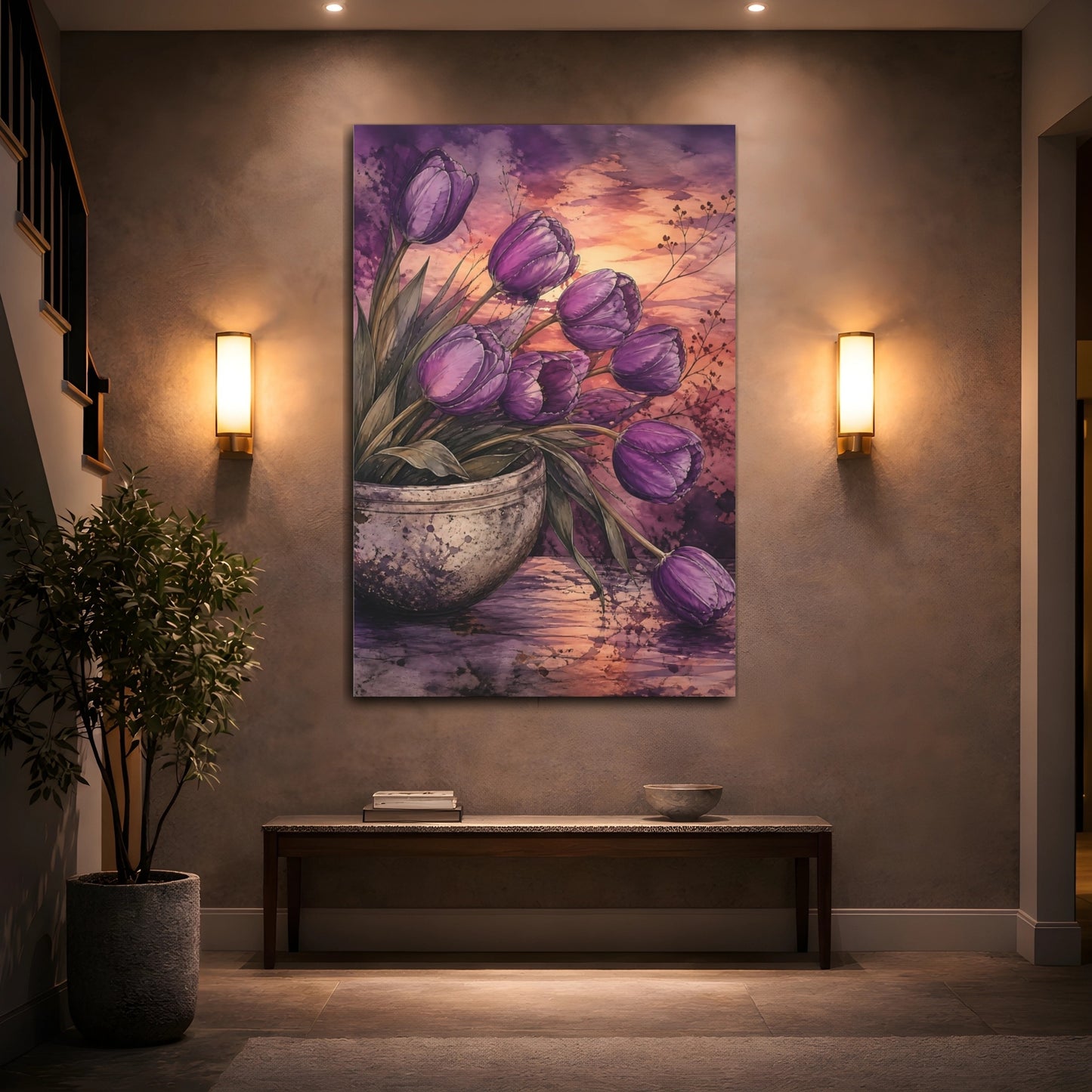 Mockup 2. Floral Tulips Purple Tulips shown as stretched canvas wall art