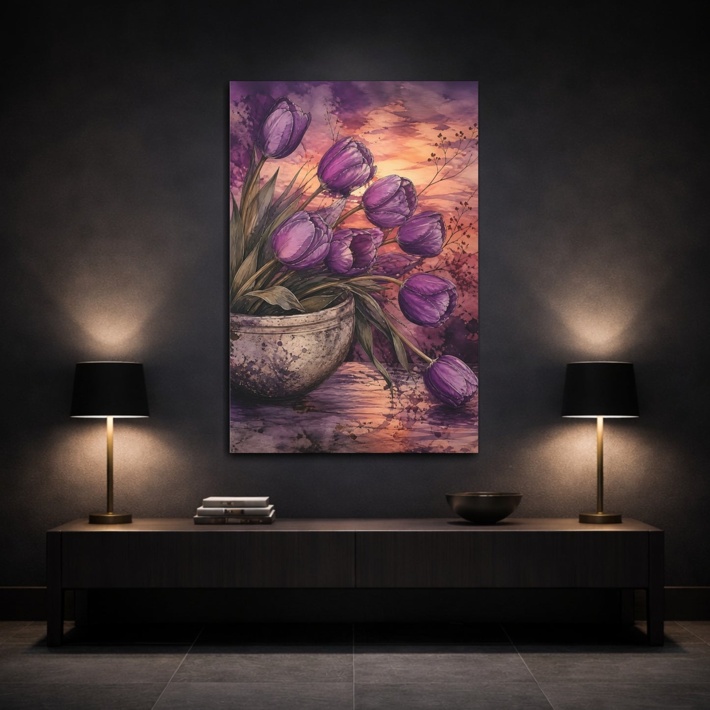 Mockup 3. Floral Tulips Purple Tulips shown as stretched canvas wall art