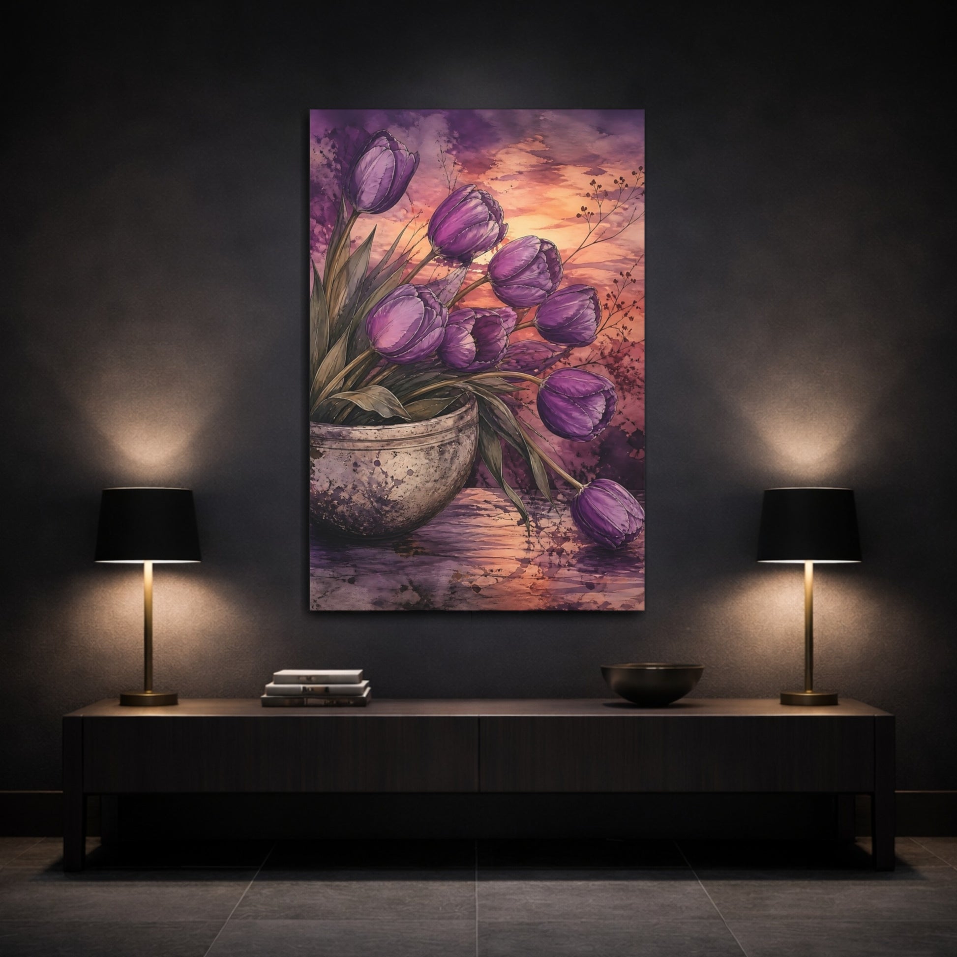 Mockup 3. Floral Tulips Purple Tulips shown as stretched canvas wall art