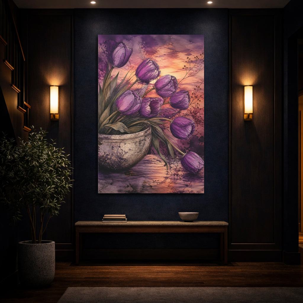 Mockup 4. Floral Tulips Purple Tulips shown as stretched canvas wall art