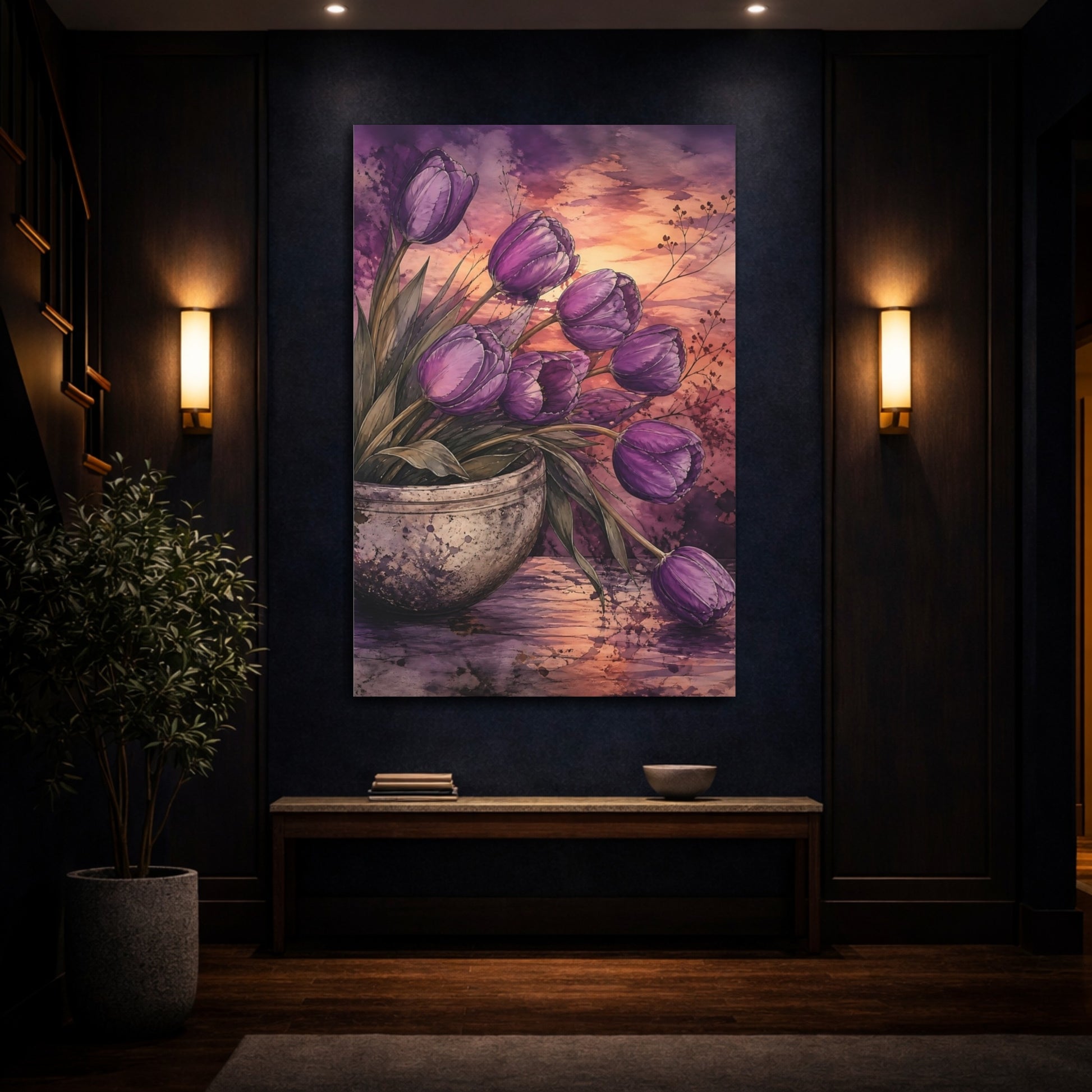 Mockup 4. Floral Tulips Purple Tulips shown as stretched canvas wall art