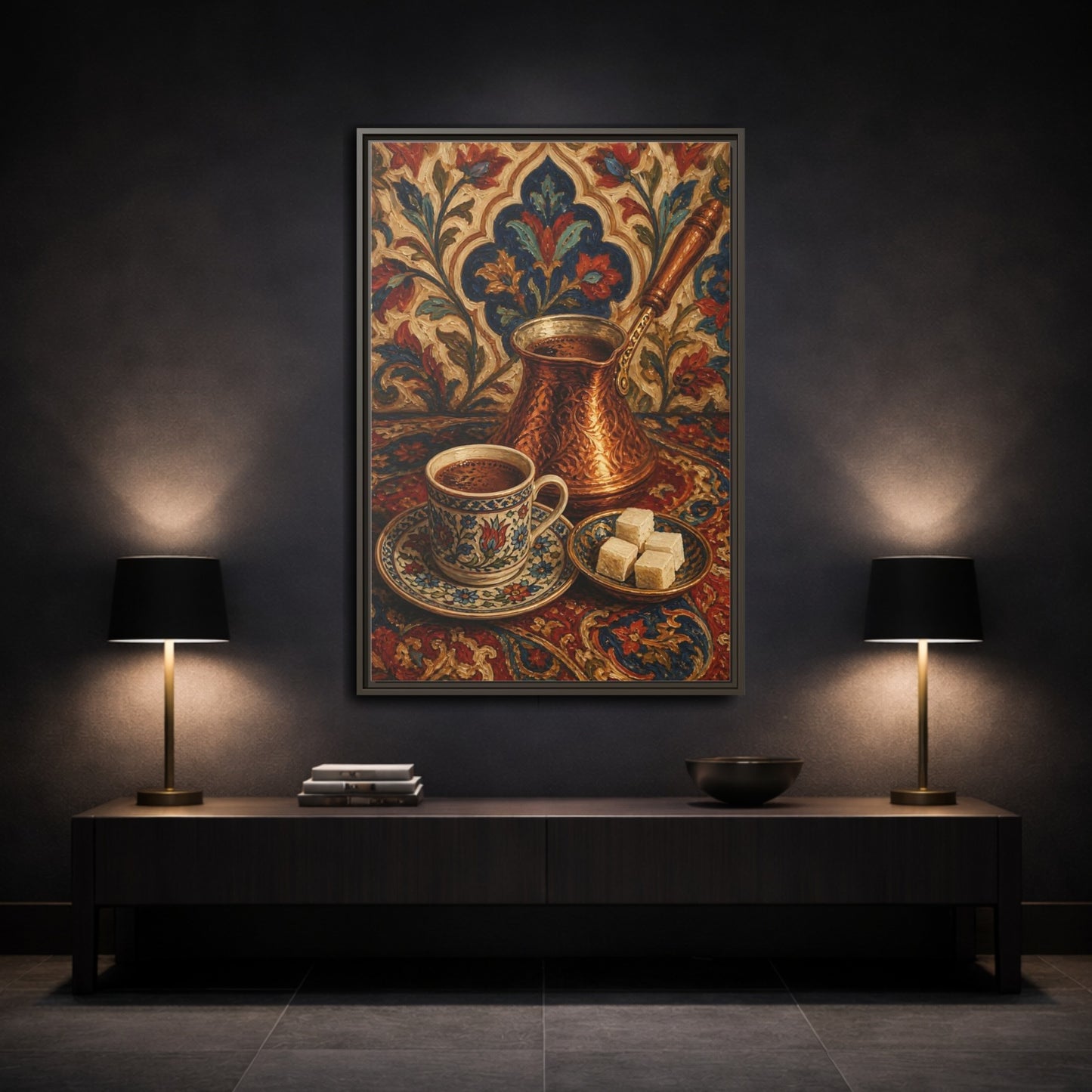 Mockup 3. Floral Turkish Coffee Red Blue Floral Coffee shown as framed canvas print