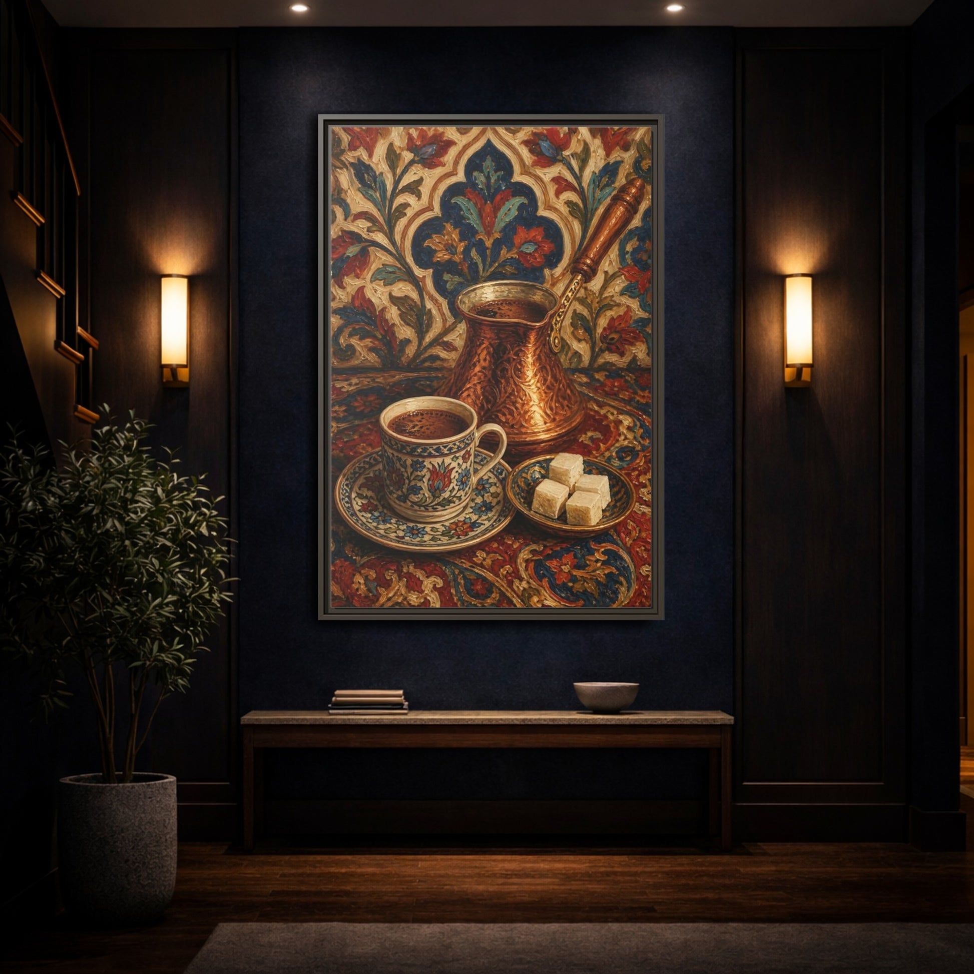 Mockup 4. Floral Turkish Coffee Red Blue Floral Coffee shown as framed canvas print