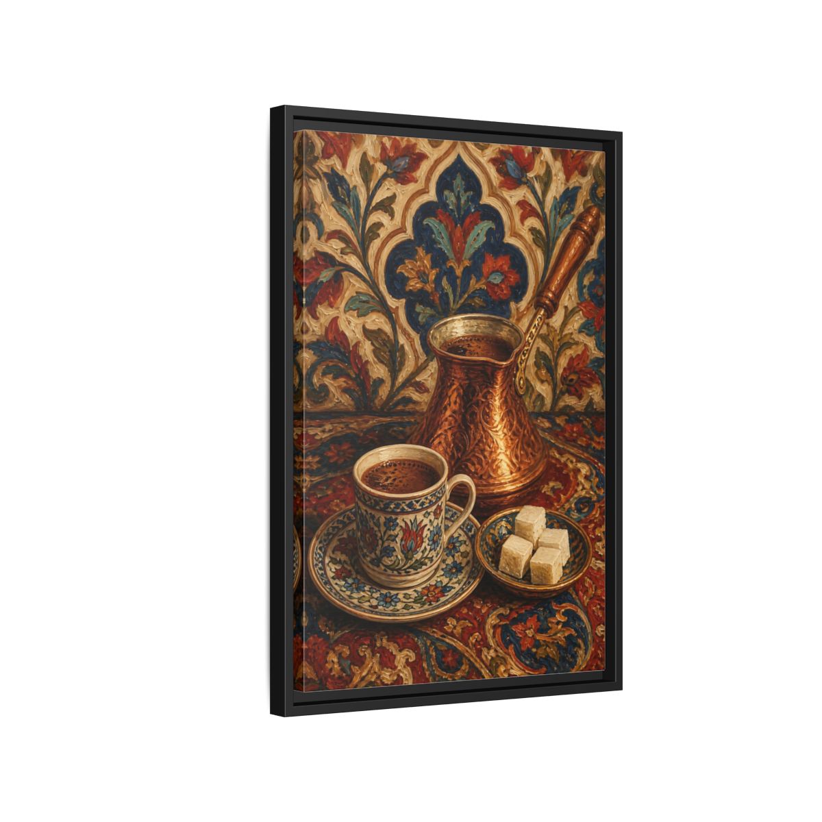 Side Mockup 3. Floral Turkish Coffee Red Blue Floral Coffee shown as framed canvas print