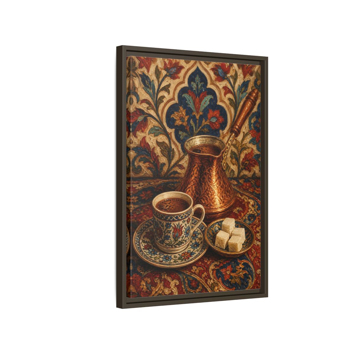 Side Mockup 2. Floral Turkish Coffee Red Blue Floral Coffee shown as framed canvas print