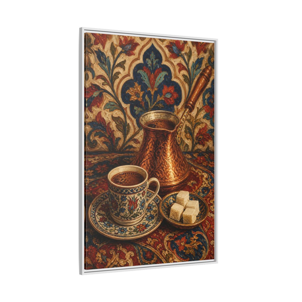 Side Mockup 7. Floral Turkish Coffee Red Blue Floral Coffee shown as framed canvas print