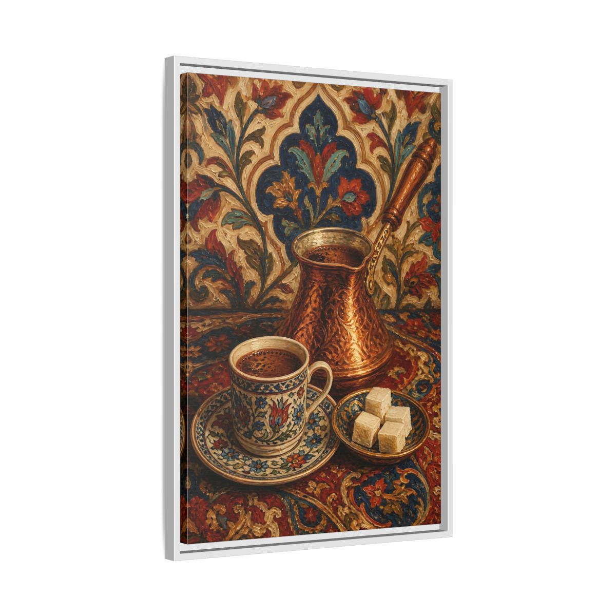 Side Mockup 10. Floral Turkish Coffee Red Blue Floral Coffee shown as framed canvas print