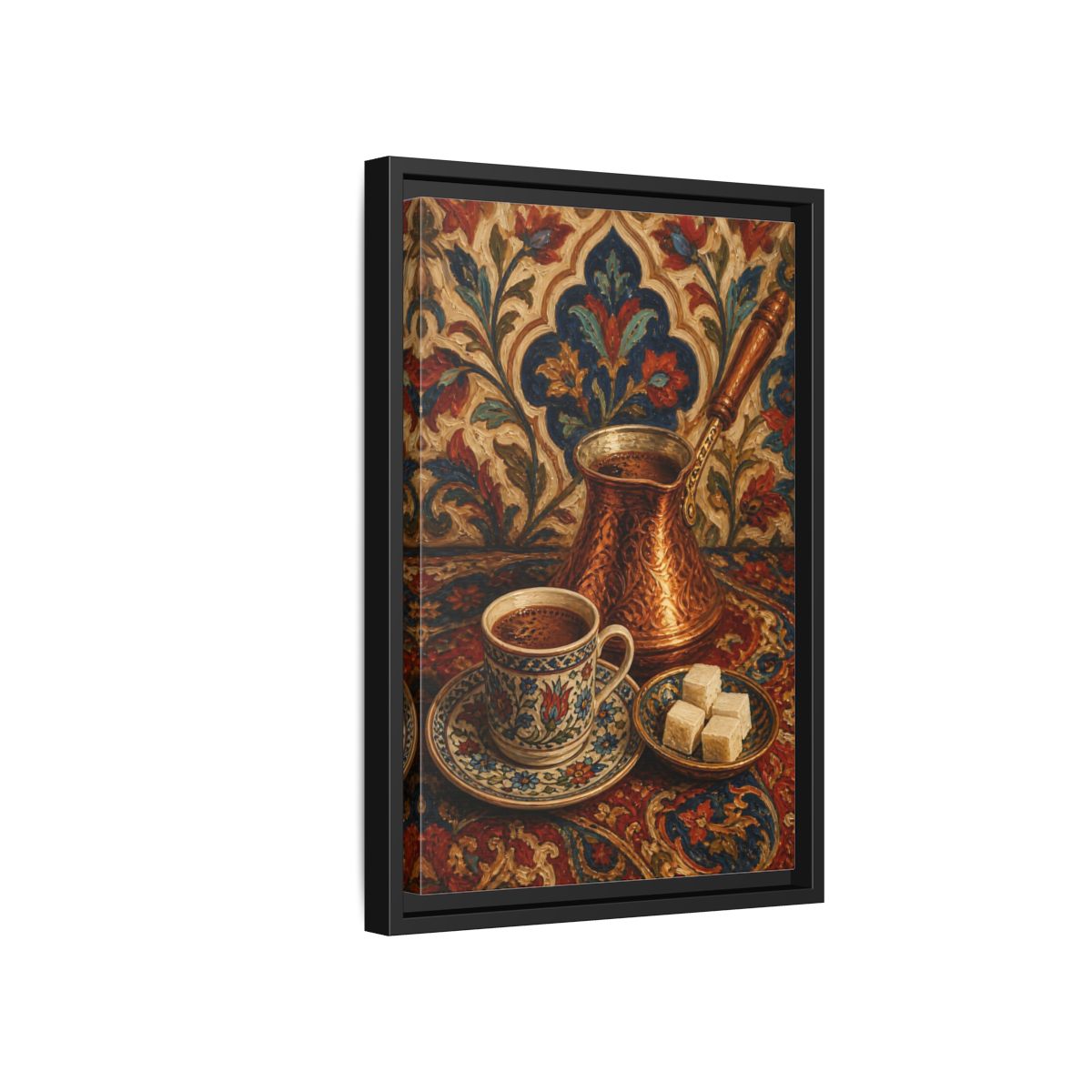 Side Mockup 6. Floral Turkish Coffee Red Blue Floral Coffee shown as framed canvas print