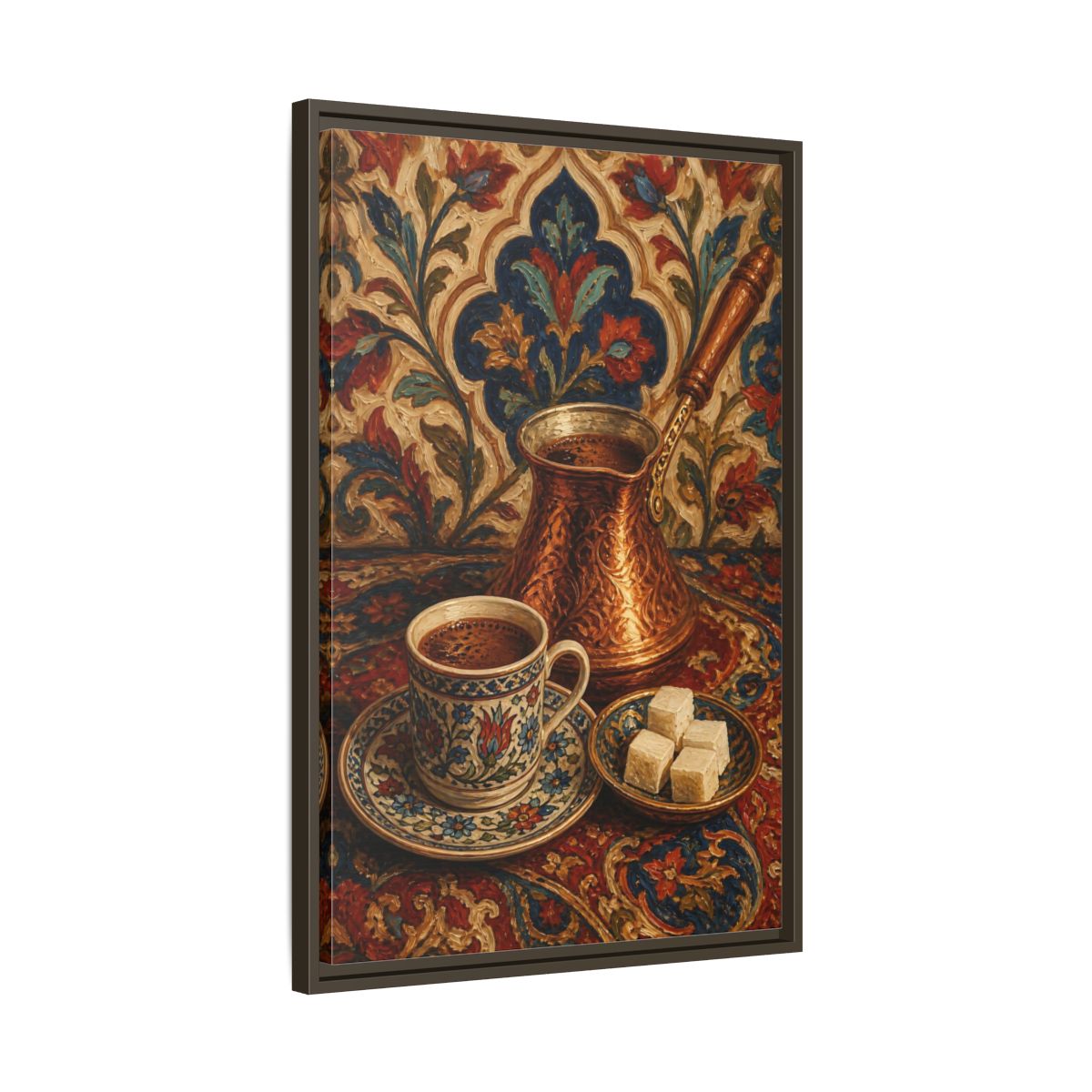 Side Mockup 11. Floral Turkish Coffee Red Blue Floral Coffee shown as framed canvas print