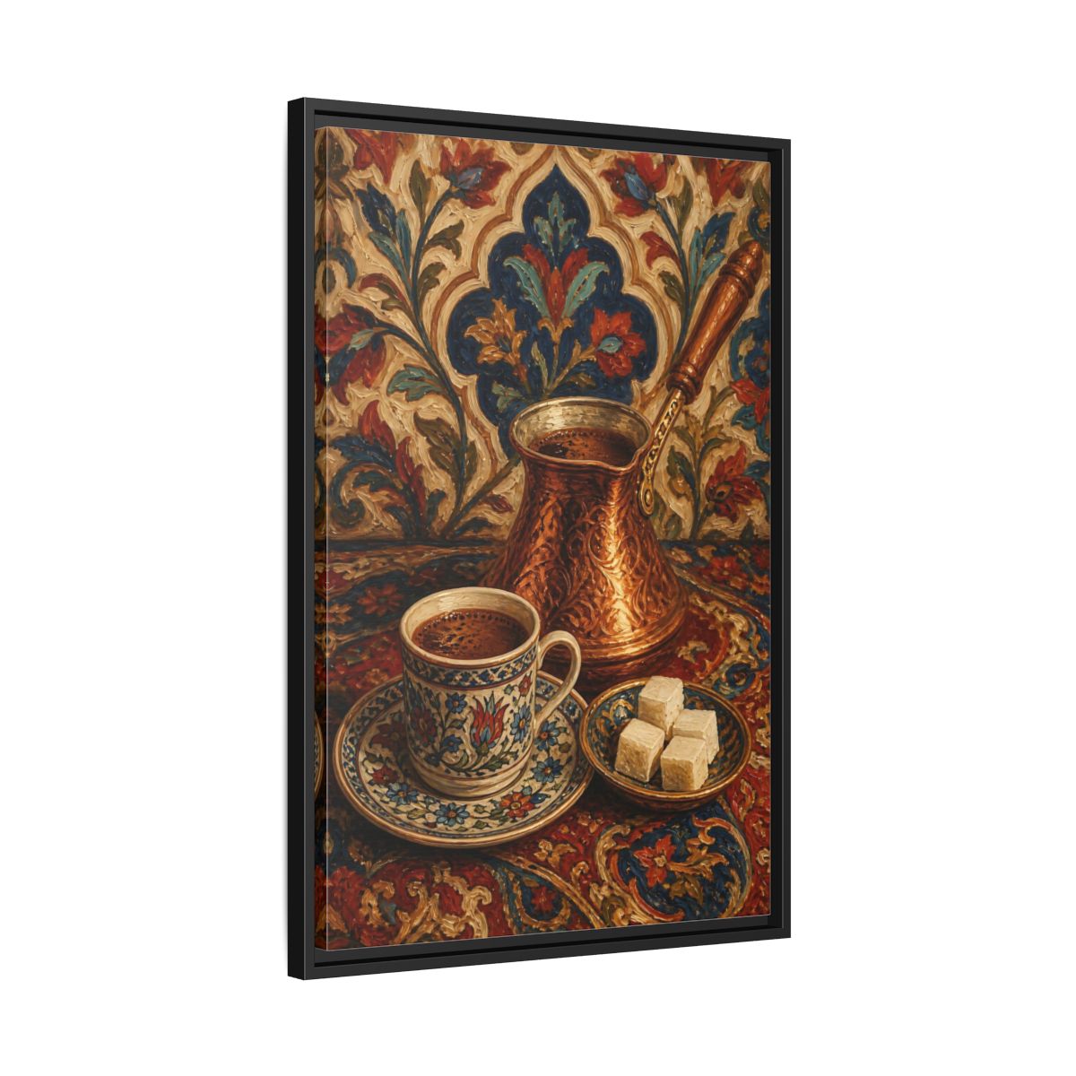 Side Mockup 14. Floral Turkish Coffee Red Blue Floral Coffee shown as framed canvas print