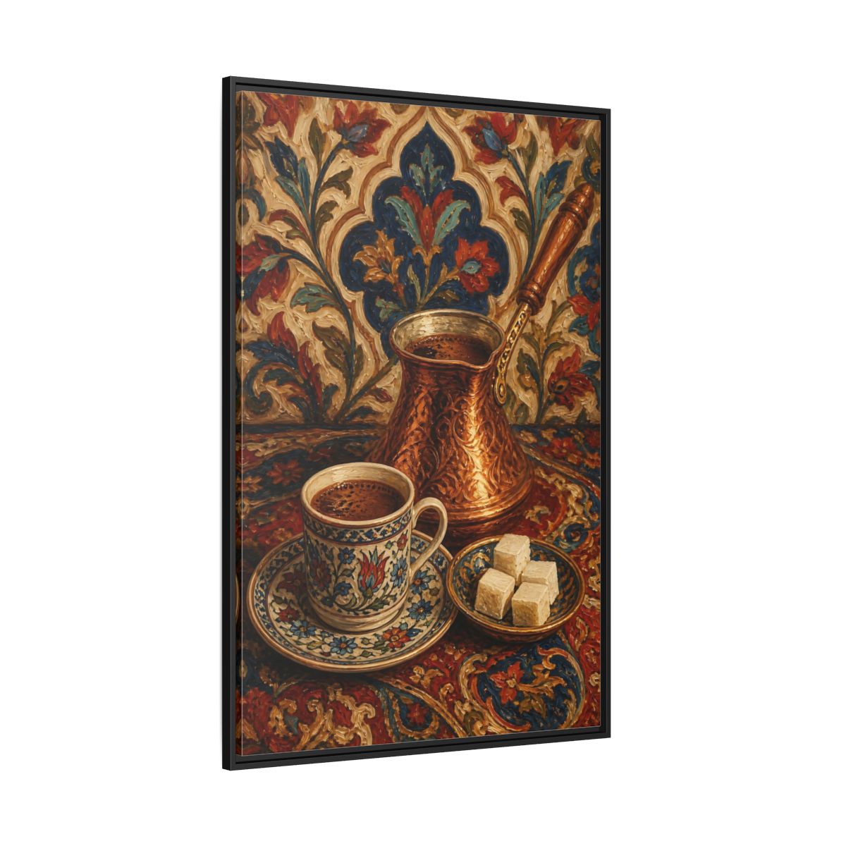 Side Mockup 12. Floral Turkish Coffee Red Blue Floral Coffee shown as framed canvas print