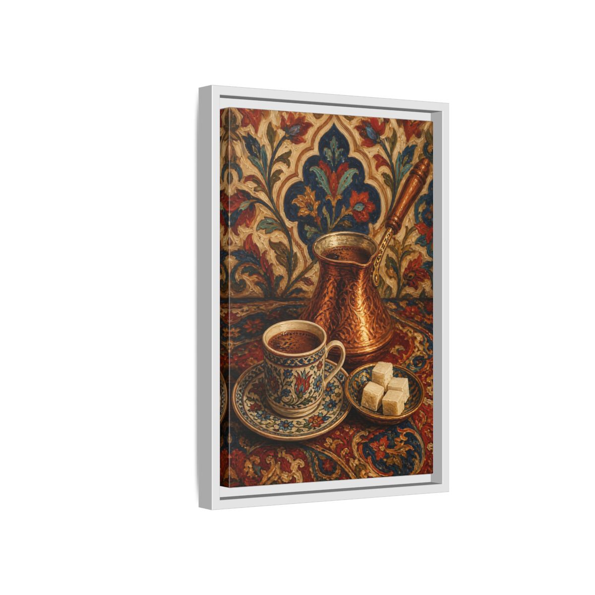 Side Mockup 4. Floral Turkish Coffee Red Blue Floral Coffee shown as framed canvas print