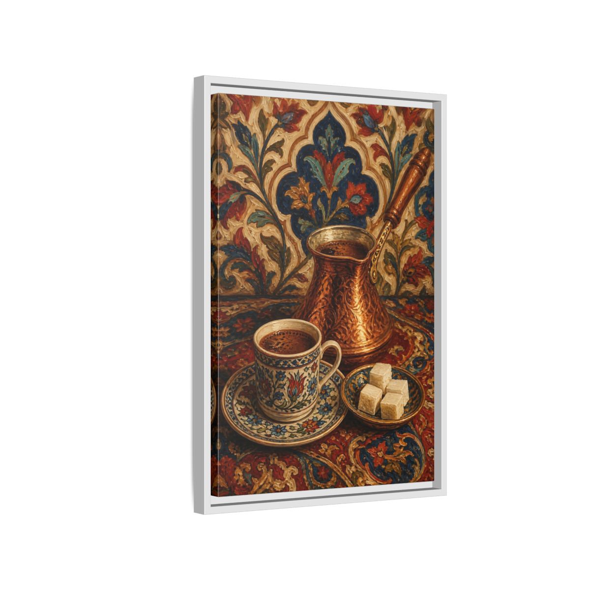 Side Mockup 1. Floral Turkish Coffee Red Blue Floral Coffee shown as framed canvas print