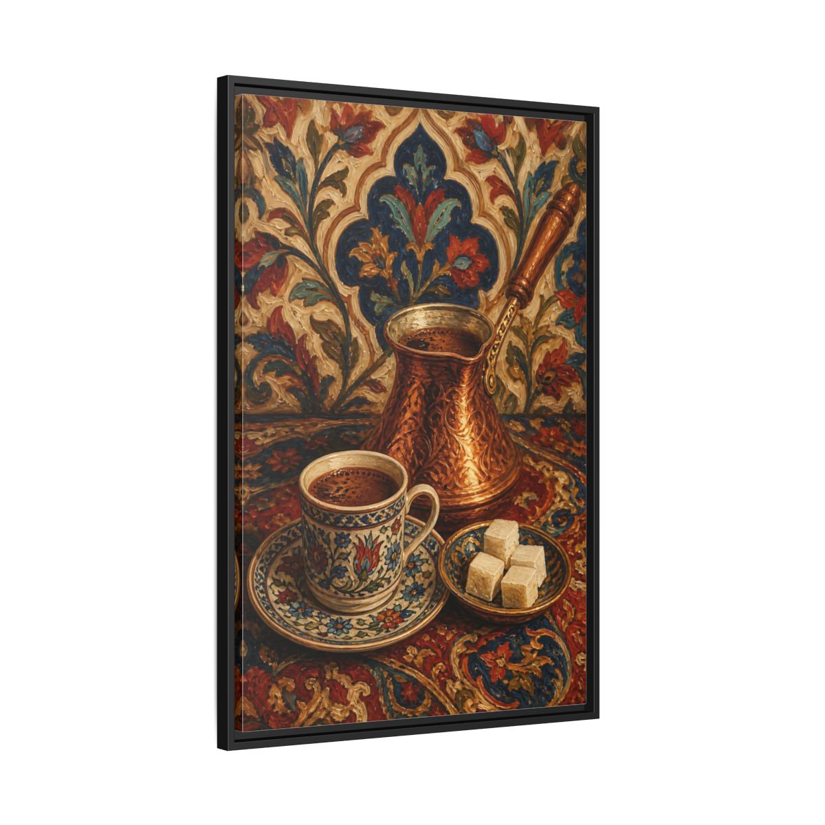 Side Mockup 13. Floral Turkish Coffee Red Blue Floral Coffee shown as framed canvas print