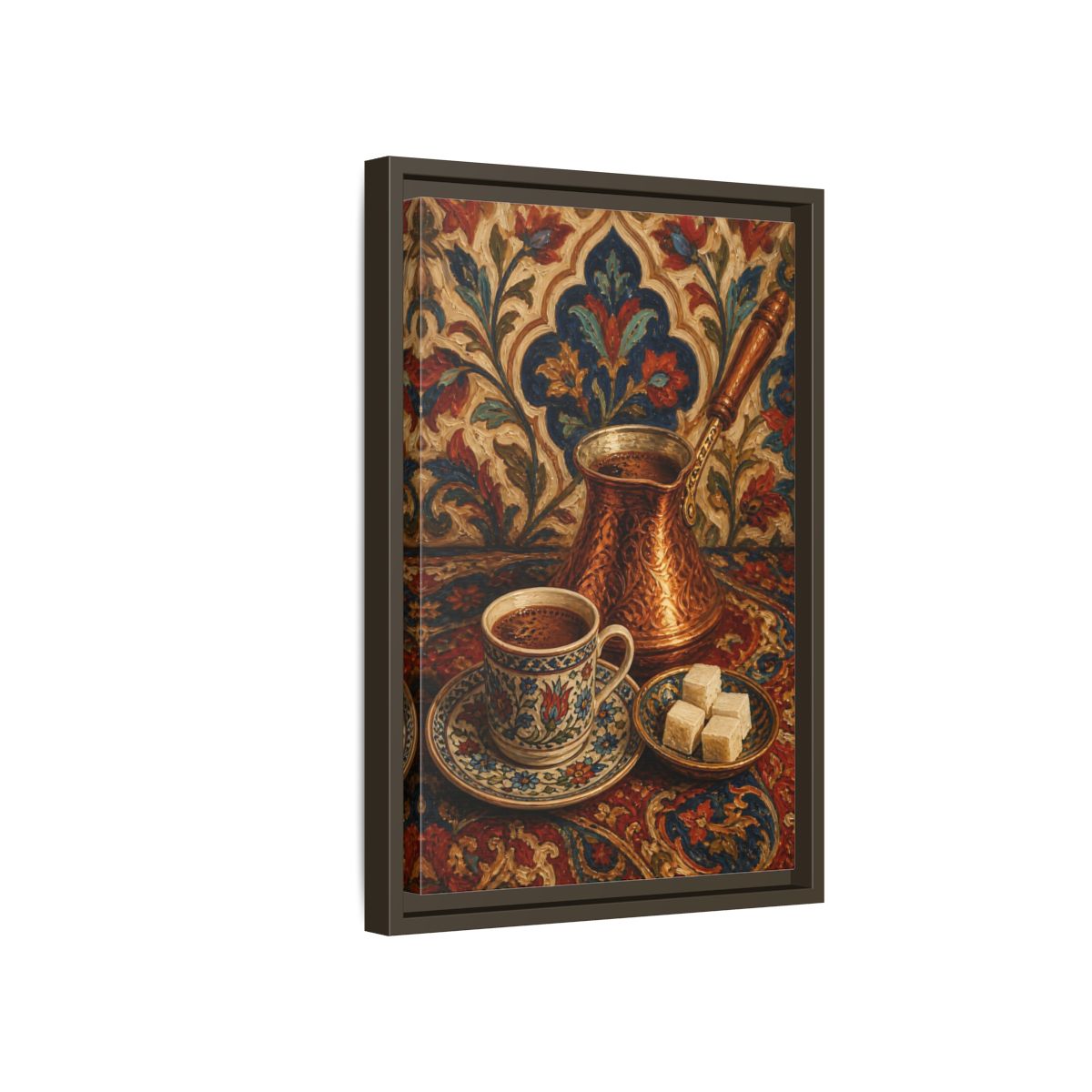 Side Mockup 5. Floral Turkish Coffee Red Blue Floral Coffee shown as framed canvas print