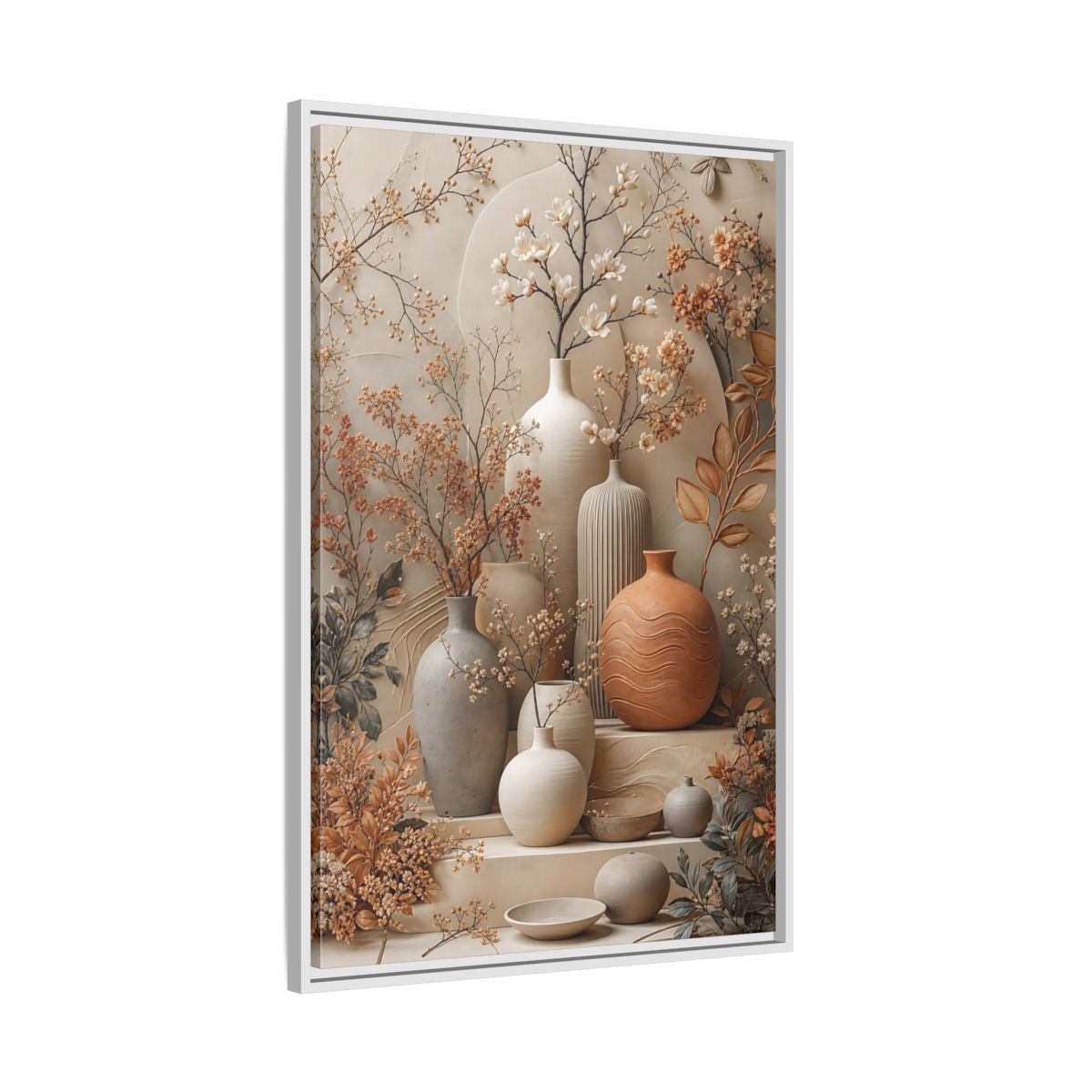 Side Mockup 9. Floral Floral Vases Earthy Tones Floral shown as stretched canvas wall art