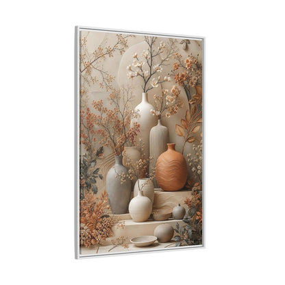 Floral Vases Earthy Tones Framed Canvas Wall Art - Modern Decor for Living Room, Above Sofa shown as canvas wall art