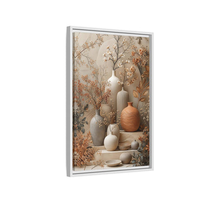 Floral Vases Earthy Tones Framed Canvas Wall Art - Modern Decor for Living Room, Above Sofa shown as canvas wall art