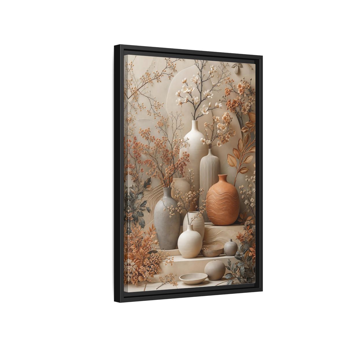 Side Mockup 3. Floral Floral Vases Earthy Tones Floral shown as stretched canvas wall art