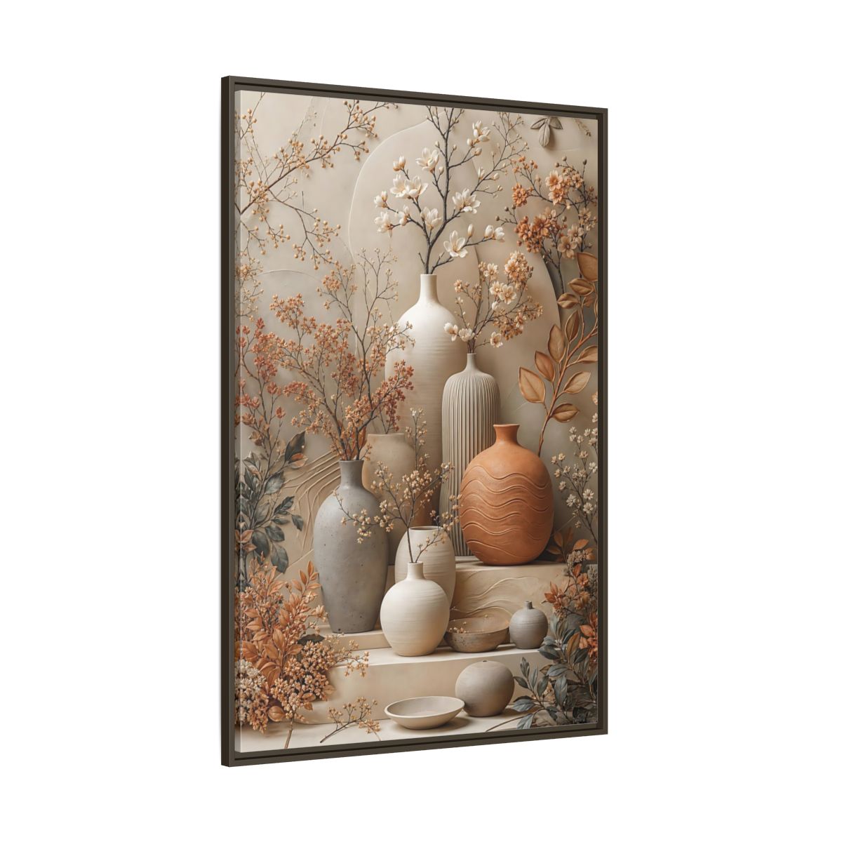 Side Mockup 8. Floral Floral Vases Earthy Tones Floral shown as stretched canvas wall art