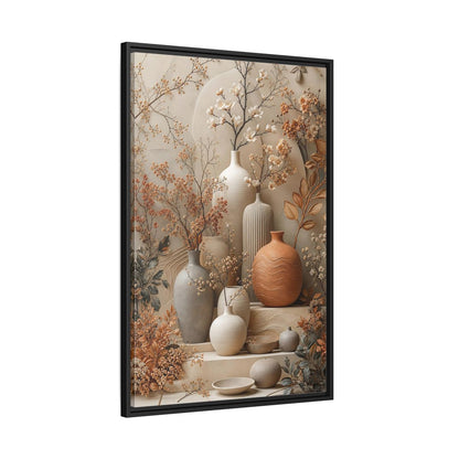 Floral Vases Earthy Tones Framed Canvas Wall Art - Modern Decor for Living Room, Above Sofa shown as canvas wall art