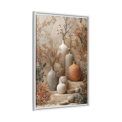 Floral Vases Earthy Tones Framed Canvas Wall Art - Modern Decor for Living Room, Above Sofa shown as canvas wall art