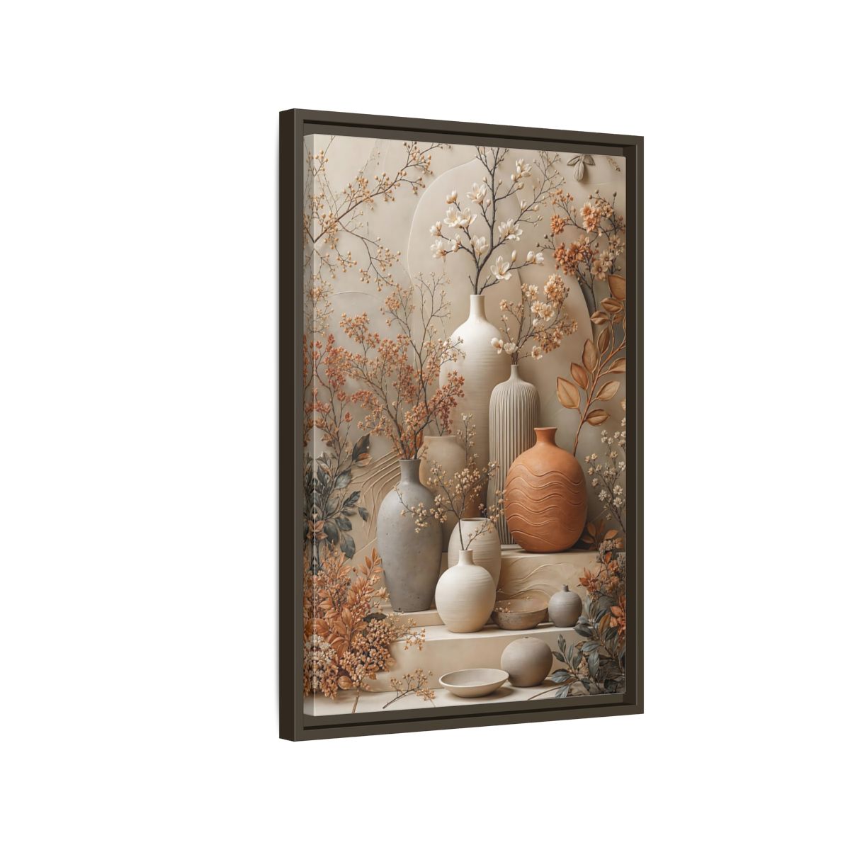 Side Mockup 2. Floral Floral Vases Earthy Tones Floral shown as stretched canvas wall art