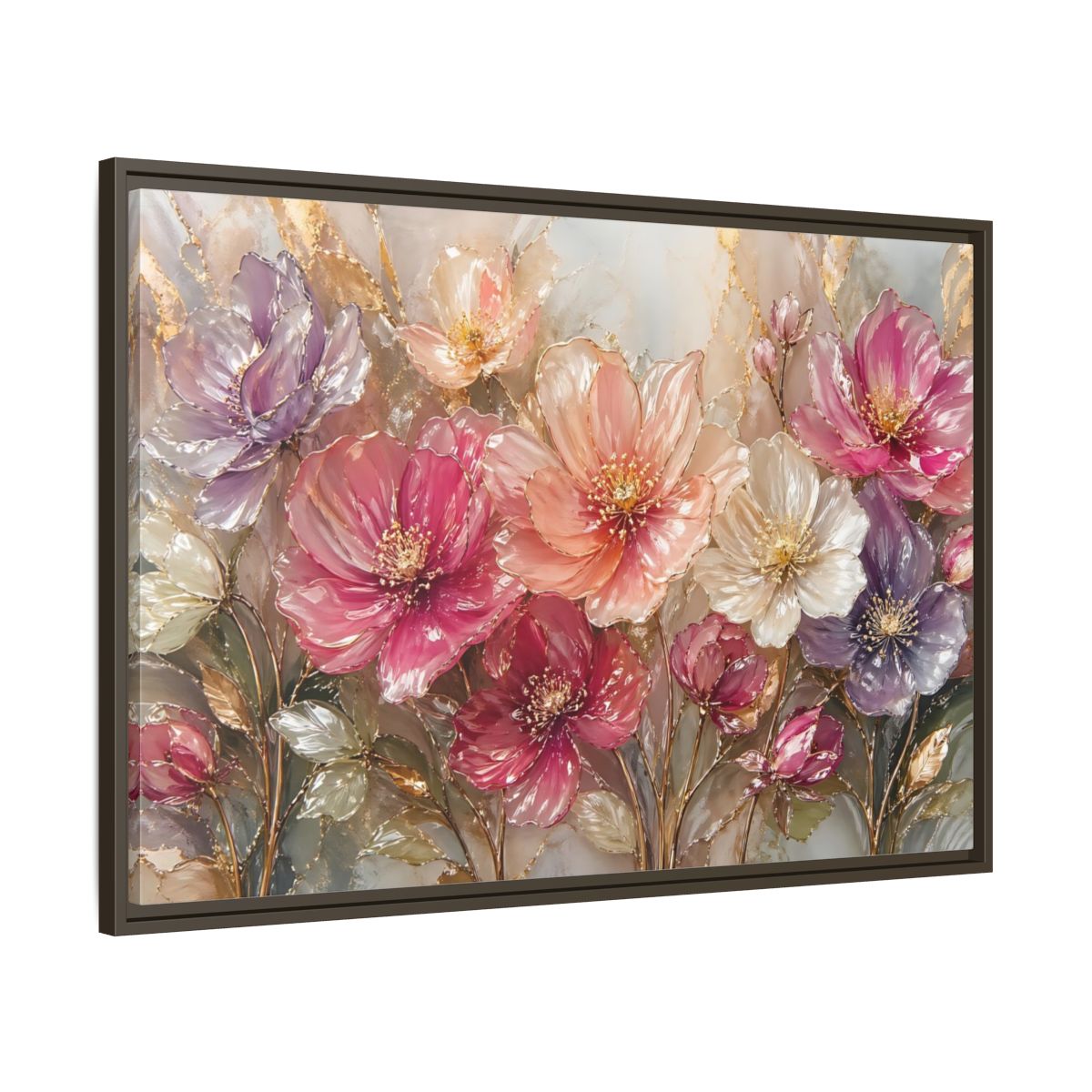 Main Mockup. Floral Vibrant Flowers Pink And Gold Floral shown as stretched canvas wall art