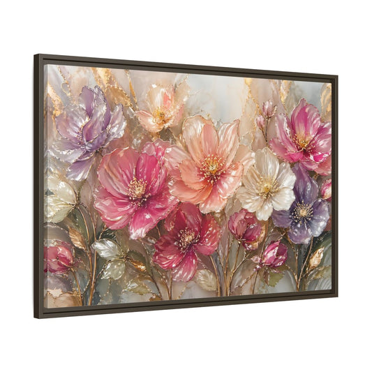 Main Mockup. Floral Vibrant Flowers Pink And Gold Floral shown as stretched canvas wall art