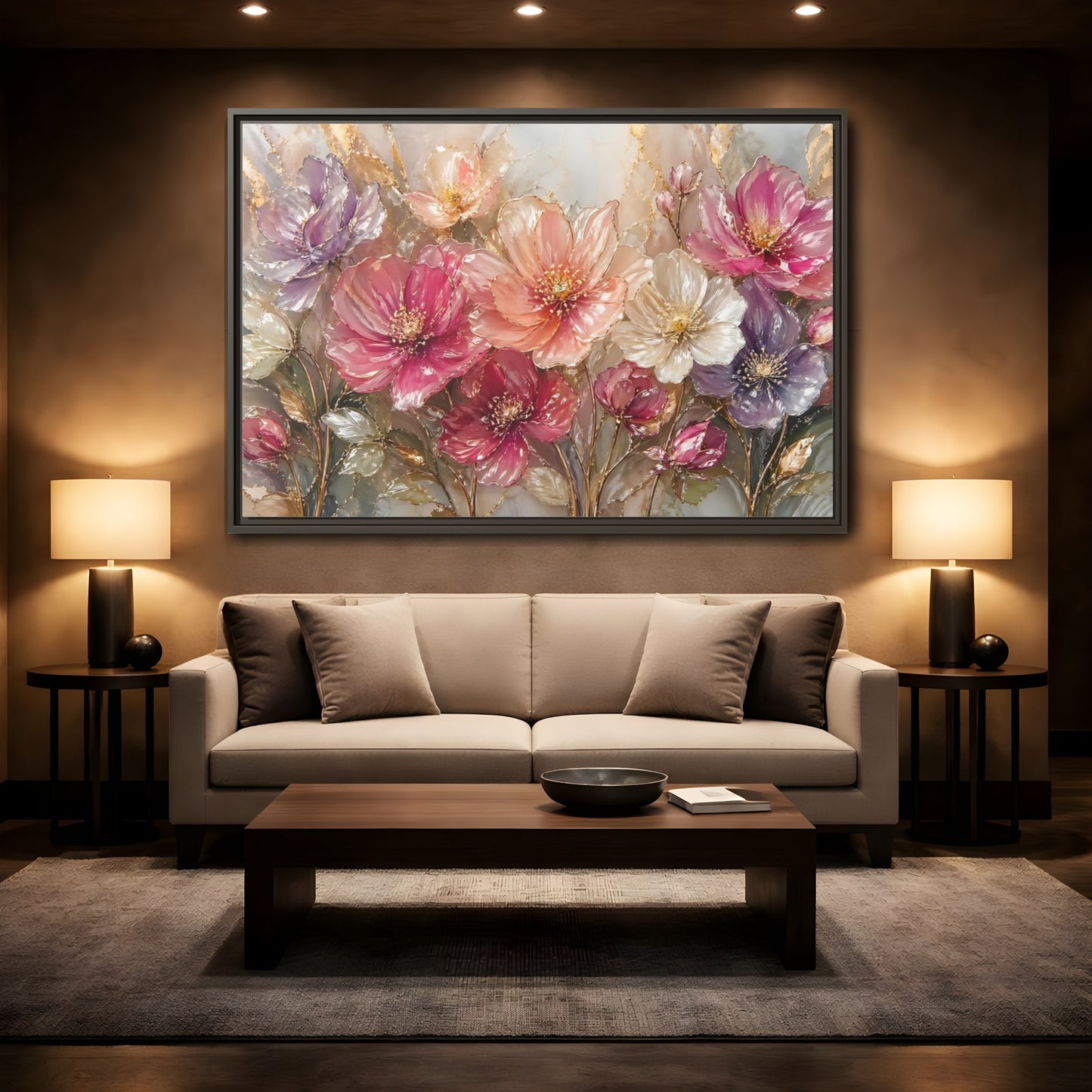 Mockup 2. Floral Vibrant Flowers Pink And Gold Floral shown as stretched canvas wall art