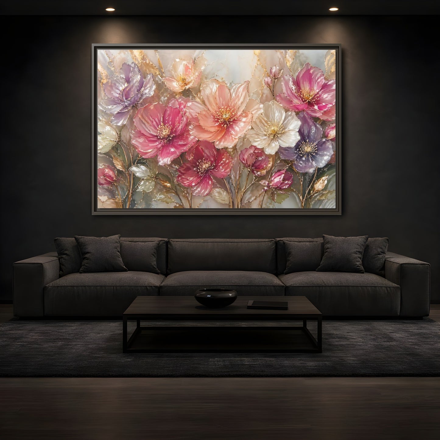 Mockup 3. Floral Vibrant Flowers Pink And Gold Floral shown as stretched canvas wall art