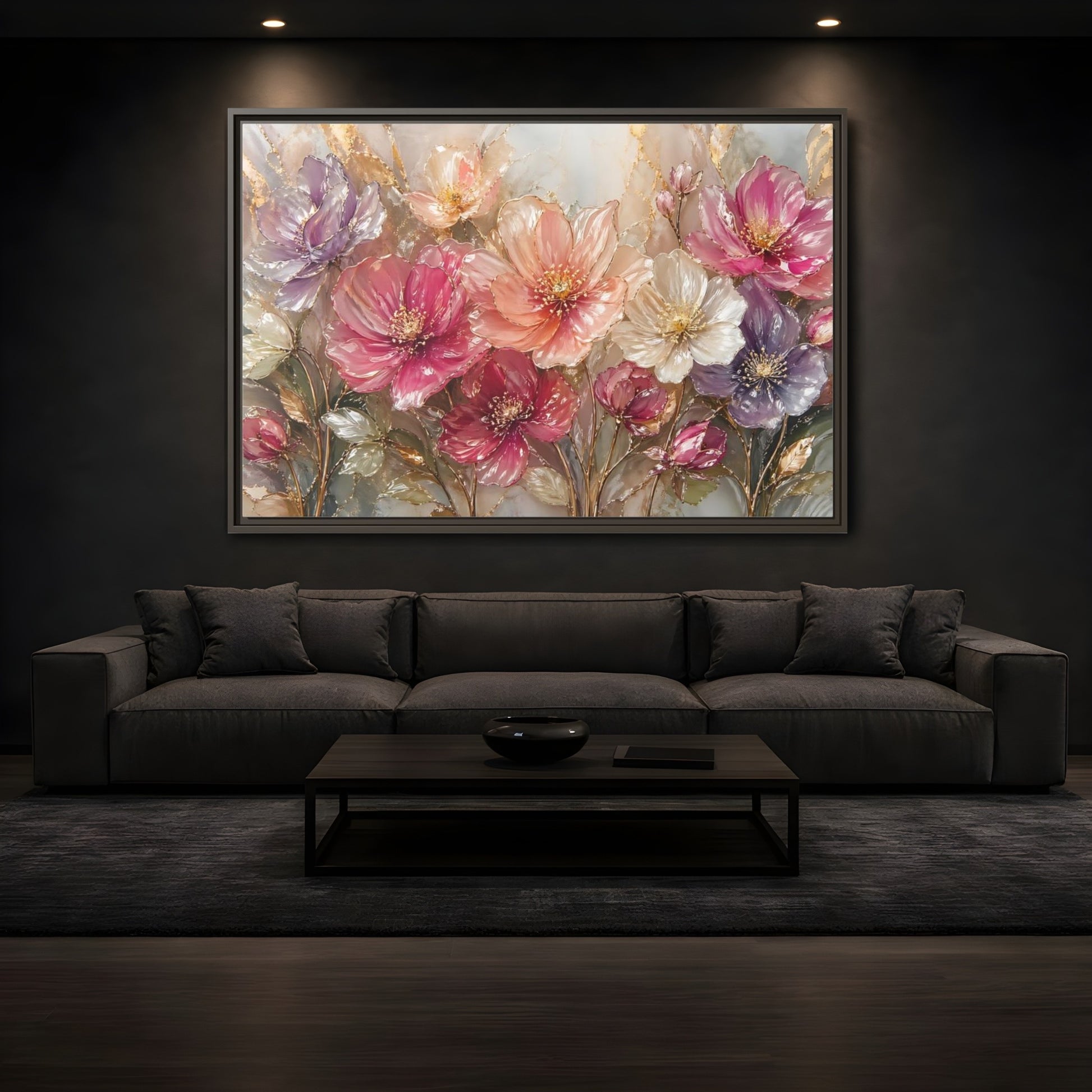 Mockup 3. Floral Vibrant Flowers Pink And Gold Floral shown as stretched canvas wall art