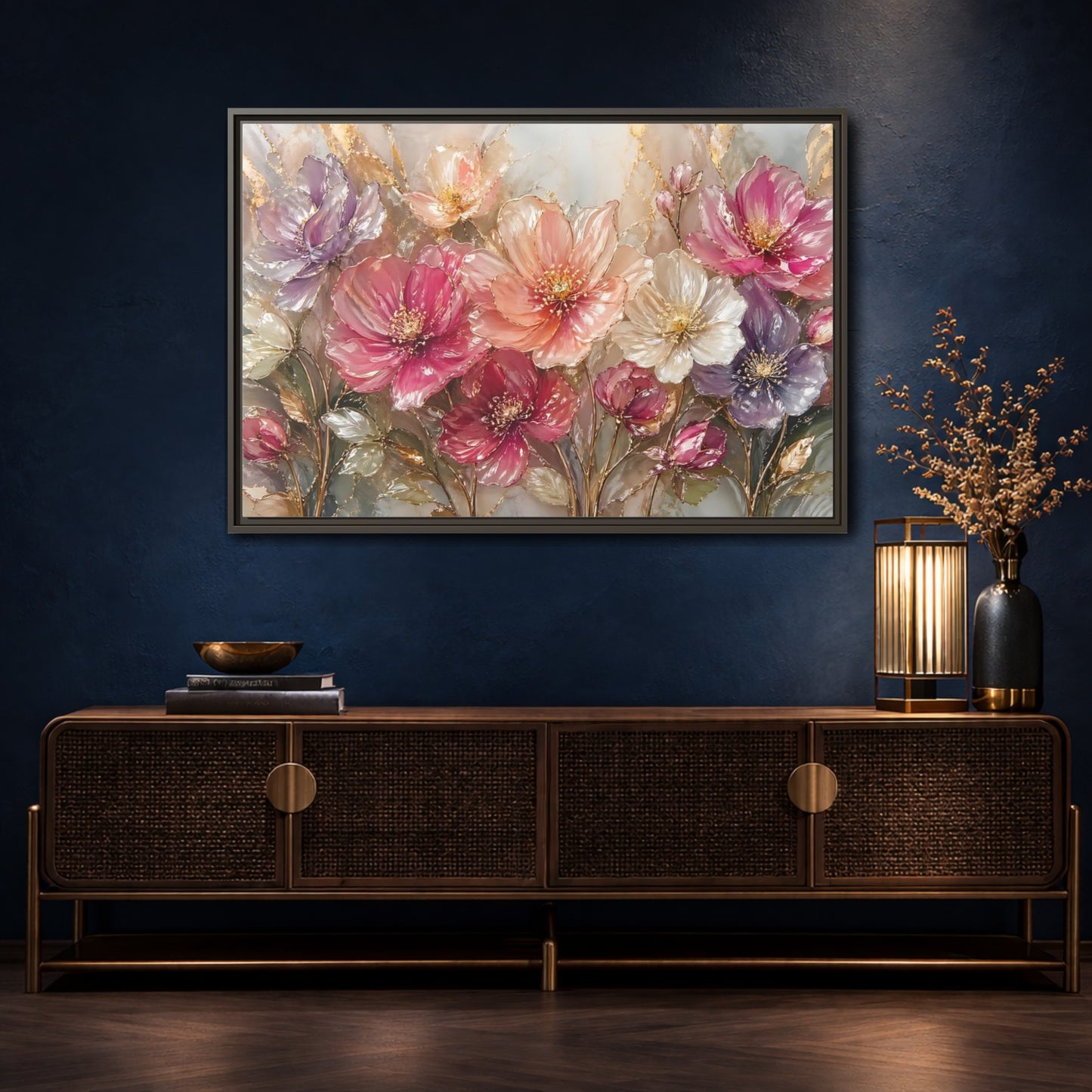 Mockup 4. Floral Vibrant Flowers Pink And Gold Floral shown as stretched canvas wall art