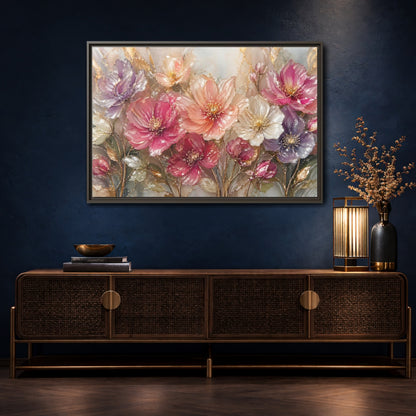 Mockup 4. Floral Vibrant Flowers Pink And Gold Floral shown as stretched canvas wall art