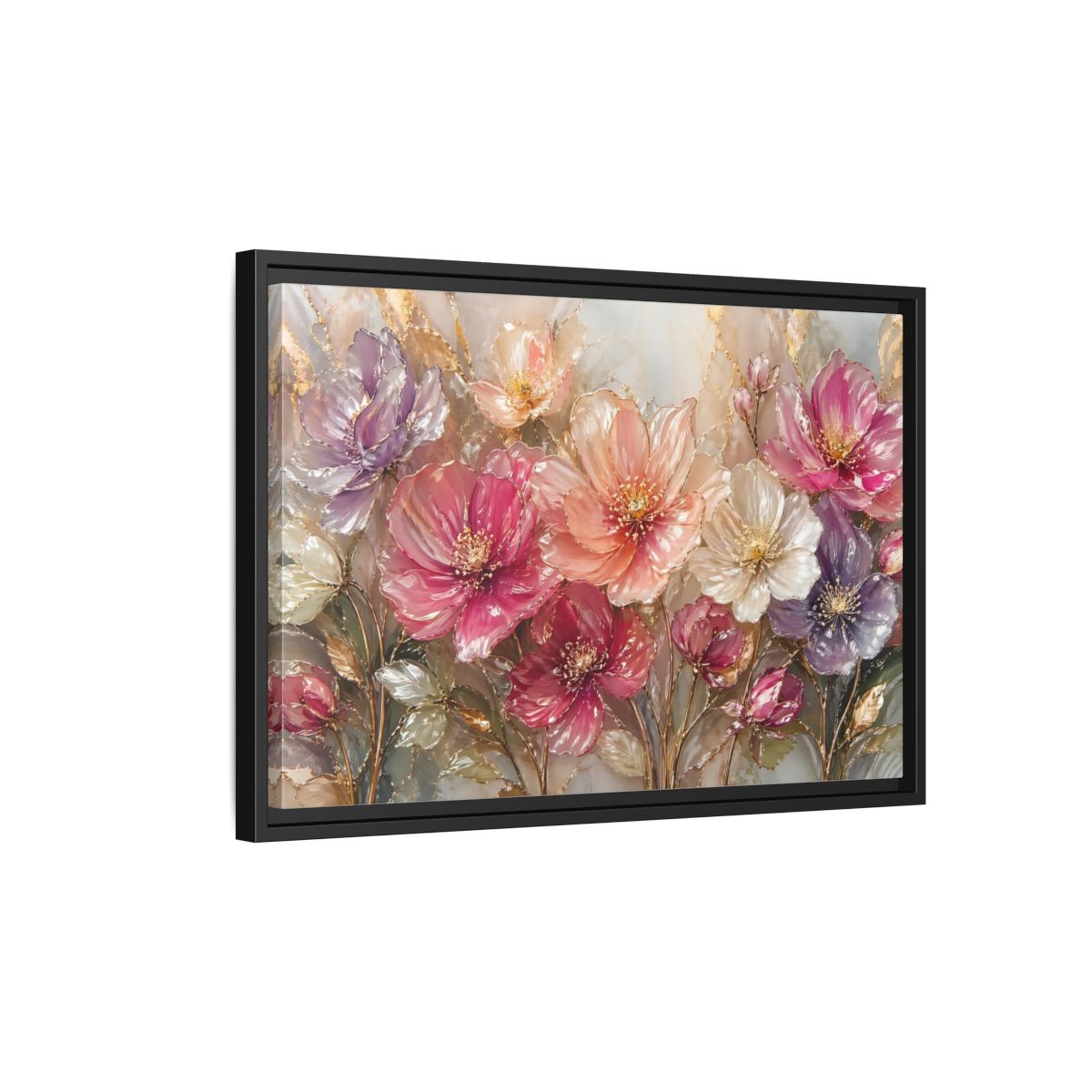 Side Mockup 3. Floral Vibrant Flowers Pink And Gold Floral shown as stretched canvas wall art