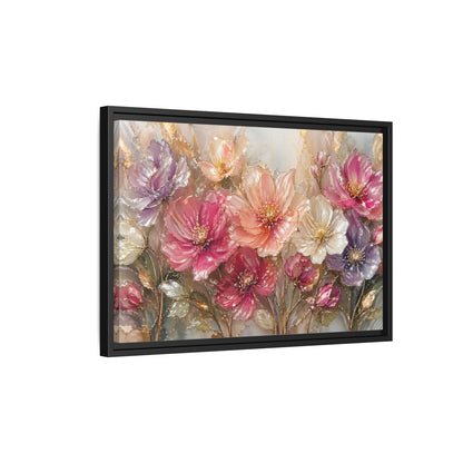 Side Mockup 3. Floral Vibrant Flowers Pink And Gold Floral shown as stretched canvas wall art