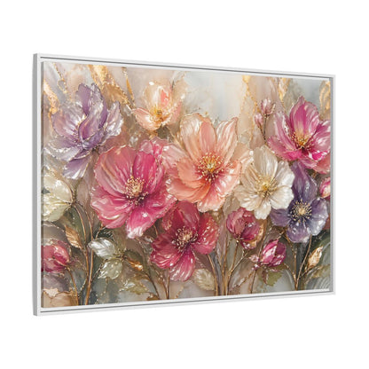 Side Mockup 7. Floral Vibrant Flowers Pink And Gold Floral shown as stretched canvas wall art