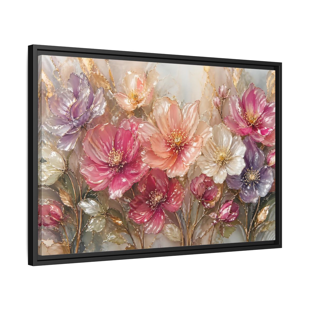 Side Mockup 14. Floral Vibrant Flowers Pink And Gold Floral shown as stretched canvas wall art