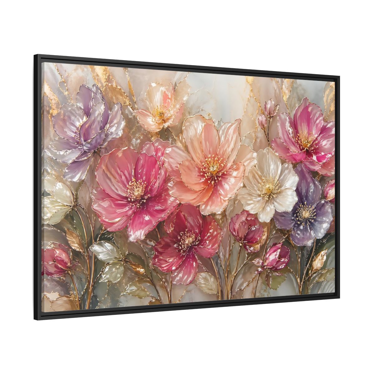 Side Mockup 12. Floral Vibrant Flowers Pink And Gold Floral shown as stretched canvas wall art