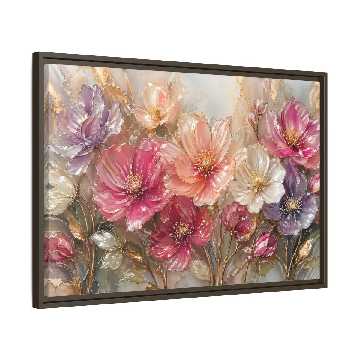 Side Mockup 11. Floral Vibrant Flowers Pink And Gold Floral shown as stretched canvas wall art