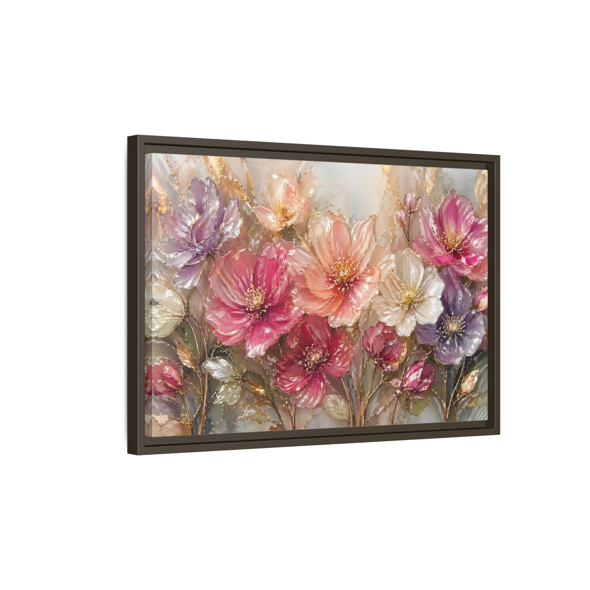 Side Mockup 2. Floral Vibrant Flowers Pink And Gold Floral shown as stretched canvas wall art