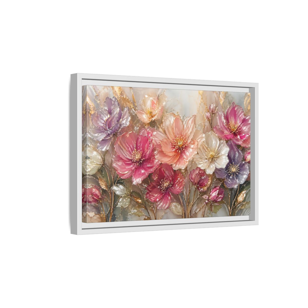 Side Mockup 4. Floral Vibrant Flowers Pink And Gold Floral shown as stretched canvas wall art