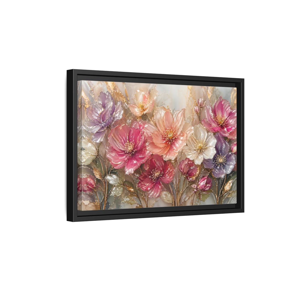 Side Mockup 6. Floral Vibrant Flowers Pink And Gold Floral shown as stretched canvas wall art