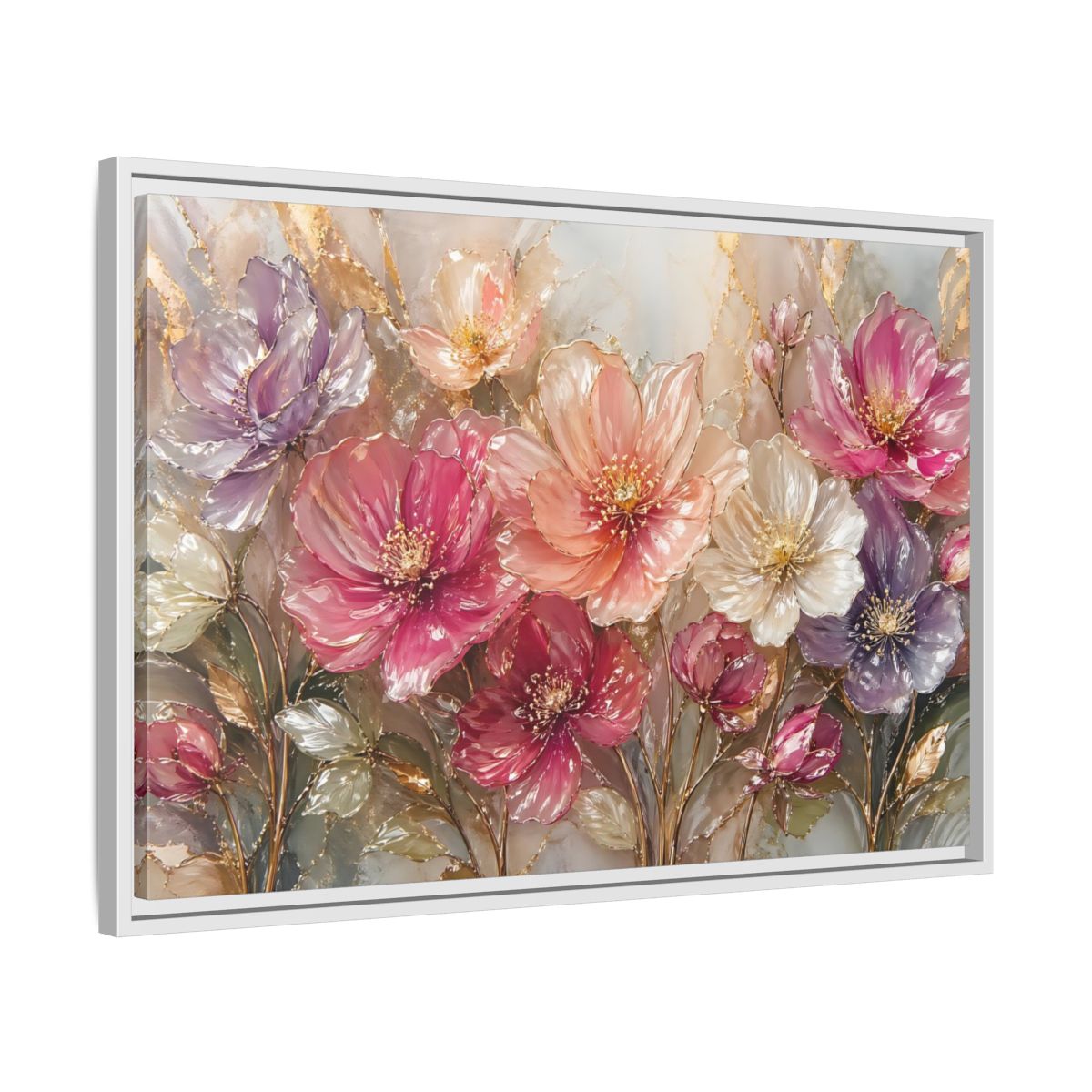 Side Mockup 10. Floral Vibrant Flowers Pink And Gold Floral shown as stretched canvas wall art