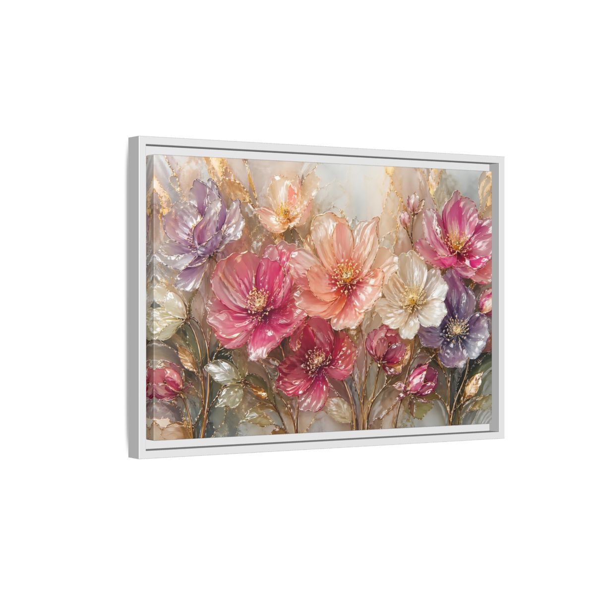 Side Mockup 1. Floral Vibrant Flowers Pink And Gold Floral shown as stretched canvas wall art