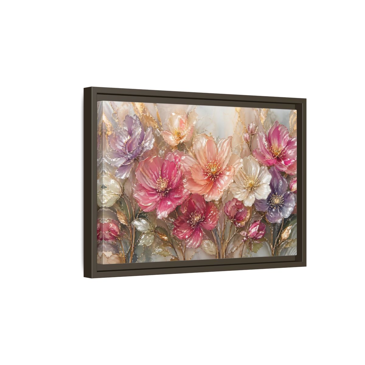 Side Mockup 5. Floral Vibrant Flowers Pink And Gold Floral shown as stretched canvas wall art