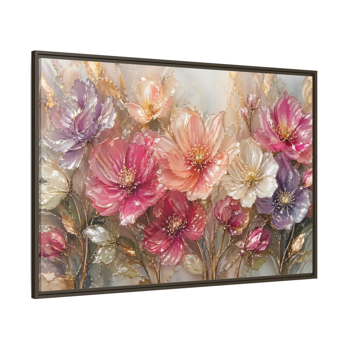 Side Mockup 8. Floral Vibrant Flowers Pink And Gold Floral shown as stretched canvas wall art