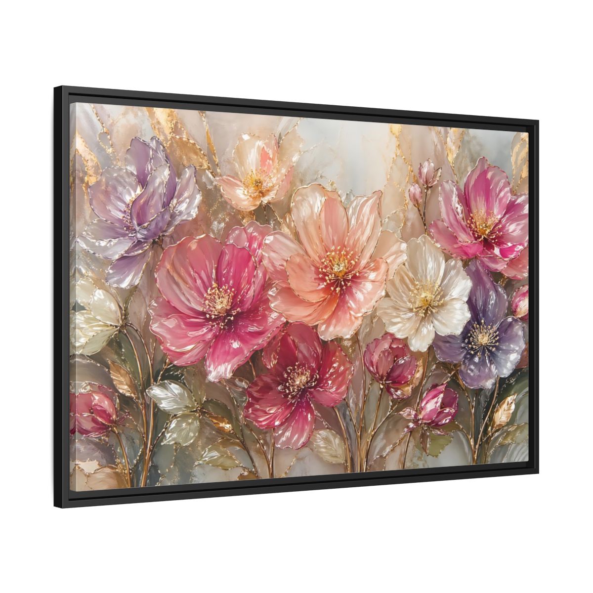 Side Mockup 13. Floral Vibrant Flowers Pink And Gold Floral shown as stretched canvas wall art